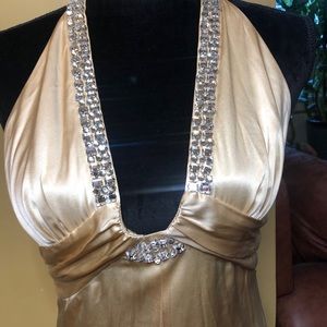 Bebe long silk Champaign crystal detail dress